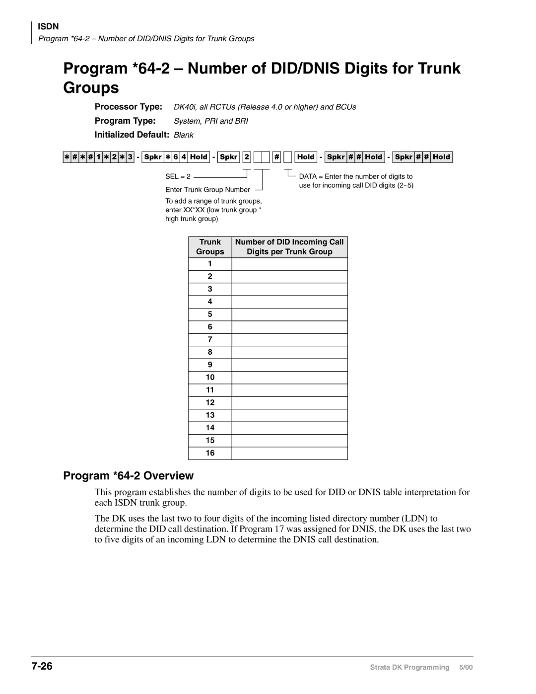 Toshiba DK40I, dk14, DK424I manual Program *64-2 Number of DID/DNIS Digits for Trunk Groups, Program *64-2 Overview 