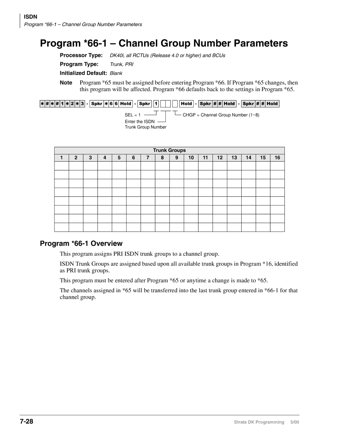 Toshiba dk14, DK424 Program *66-1 Channel Group Number Parameters, Program *66-1 Overview, Chgp = Channel Group Number 1~8 