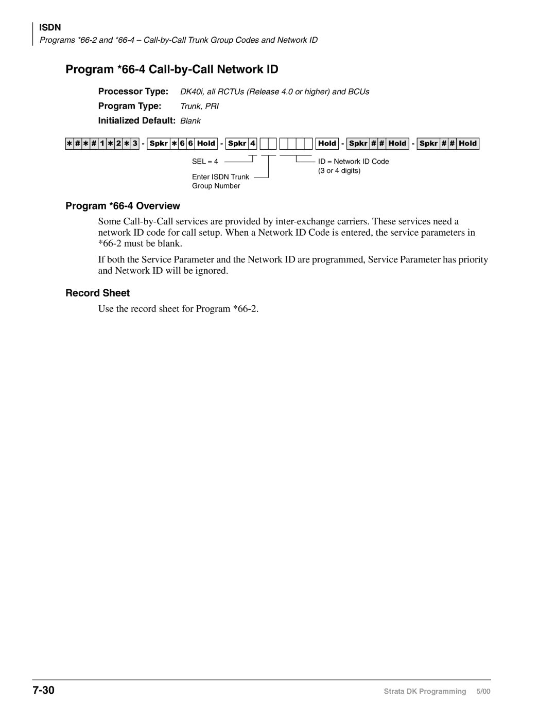 Toshiba DK40I Program *66-4 Call-by-Call Network ID, Program *66-4 Overview, Record Sheet, Enter Isdn Trunk Group Number 