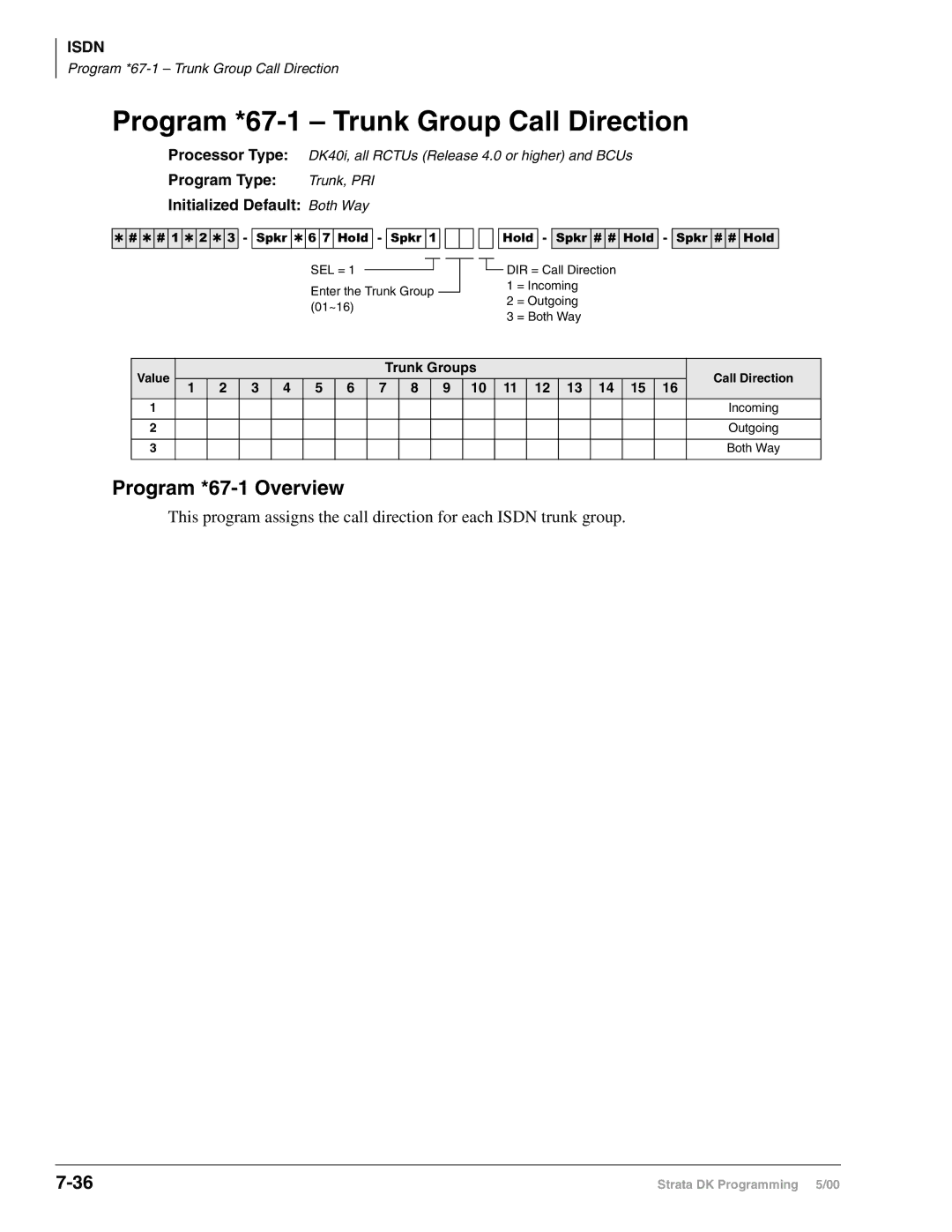 Toshiba dk14, DK424, DK40I Program *67-1 Trunk Group Call Direction, Program *67-1 Overview, Initialized Default Both Way 