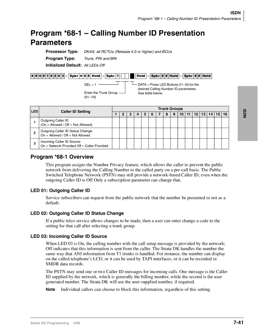 Toshiba DK424 Program *68-1 Calling Number ID Presentation Parameters, Program *68-1 Overview, LED 01 Outgoing Caller ID 