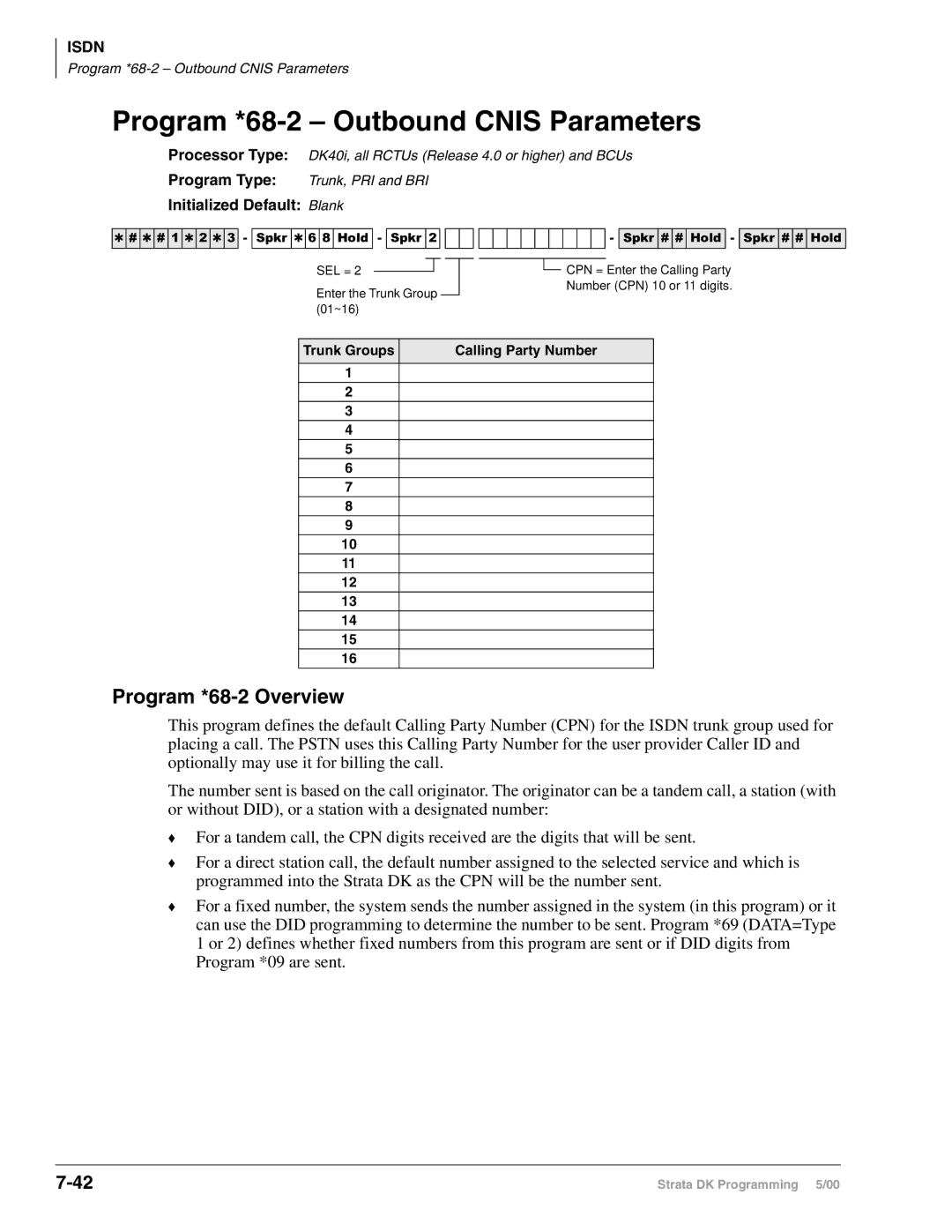 Toshiba DK40I, dk14 manual Program *68-2 Outbound Cnis Parameters, Program *68-2 Overview, Trunk Groups Calling Party Number 