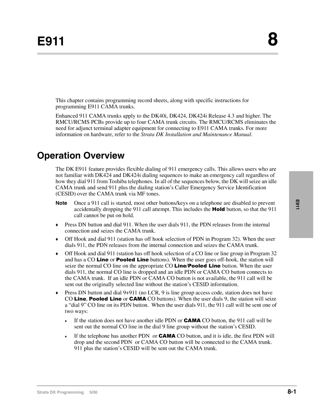 Toshiba dk14, DK40I, DK424I manual Operation Overview, E911 