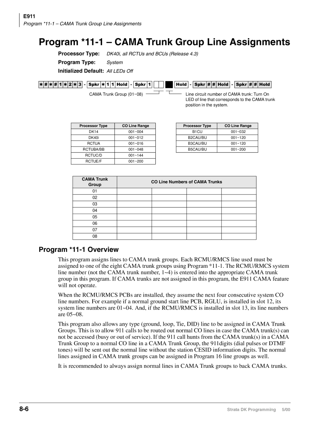 Toshiba DK40I, dk14, DK424 Program *11-1 Cama Trunk Group Line Assignments, Program *11-1 Overview, Cama Trunk Group 01~08 