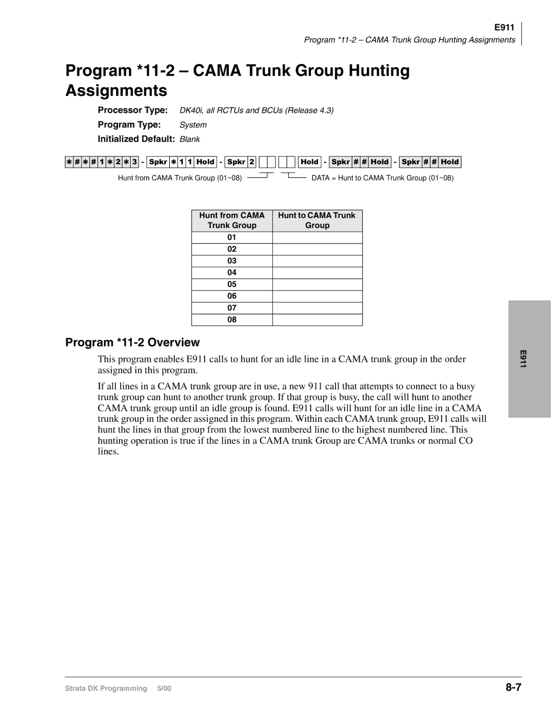 Toshiba DK424I, dk14, DK40I manual Program *11-2 Cama Trunk Group Hunting Assignments, Program *11-2 Overview 