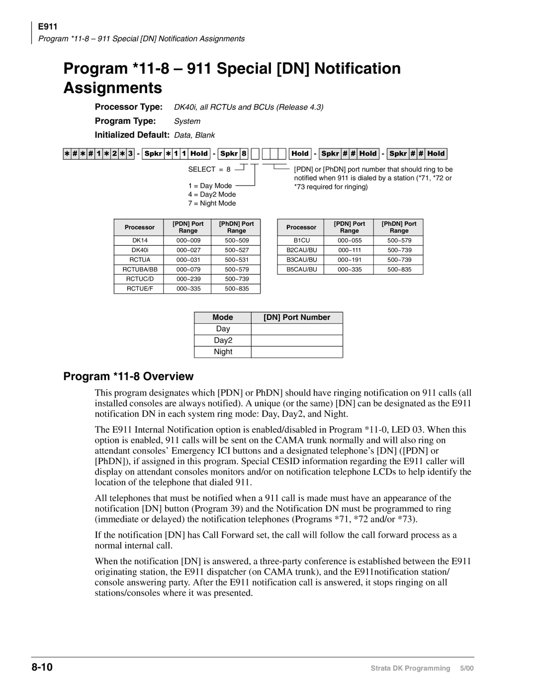 Toshiba DK40I, dk14 Program *11-8 911 Special DN Notification Assignments, Program *11-8 Overview, Mode DN Port Number 