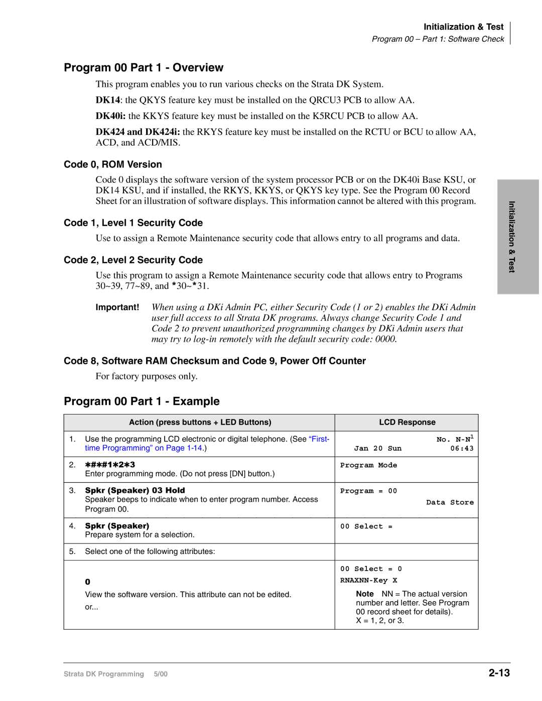 Toshiba dk14, DK40I, DK424I manual Program 00 Part 1 Overview, Program 00 Part 1 Example 