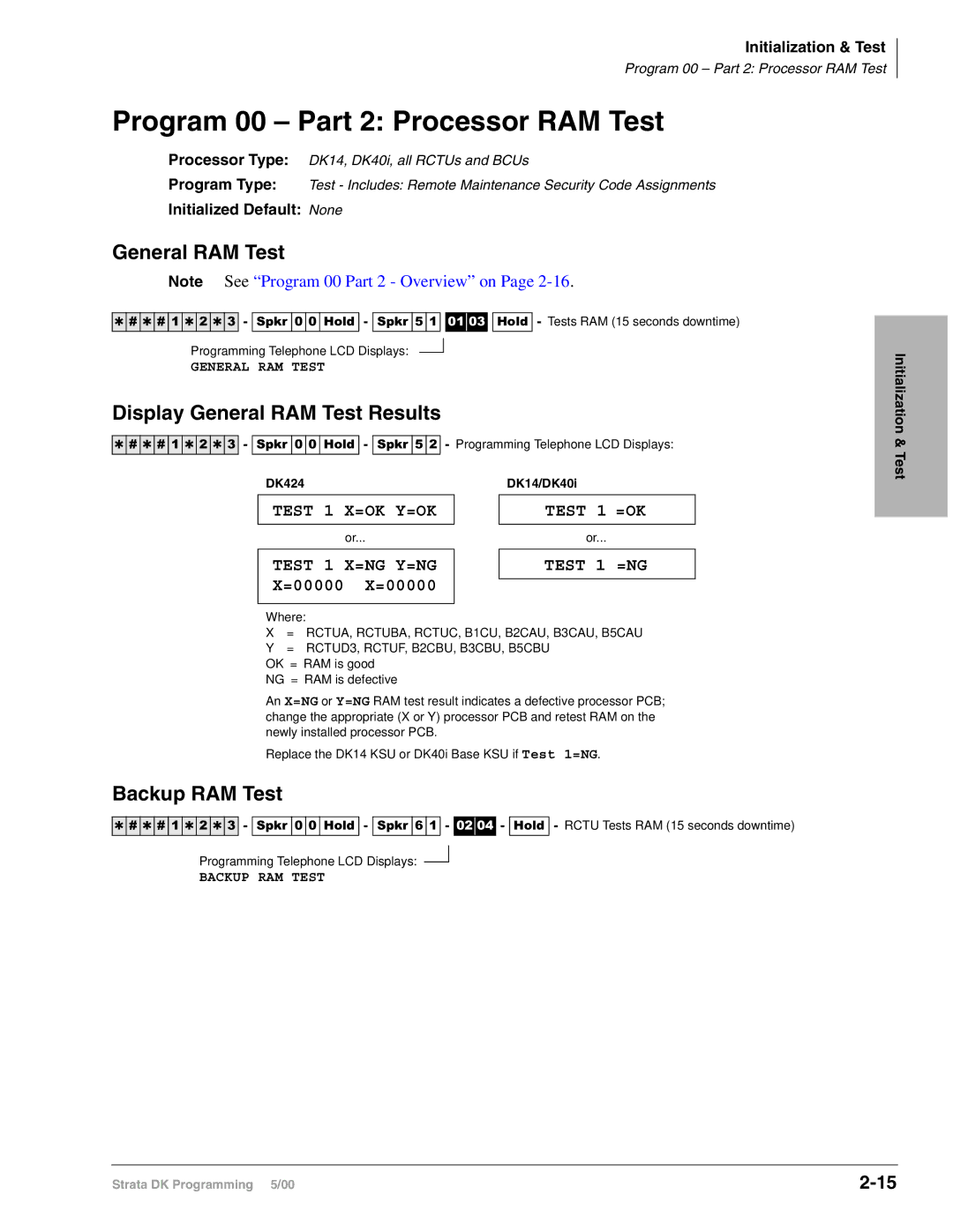 Toshiba DK424I, dk14, DK40I Program 00 Part 2 Processor RAM Test, Display General RAM Test Results, Backup RAM Test 