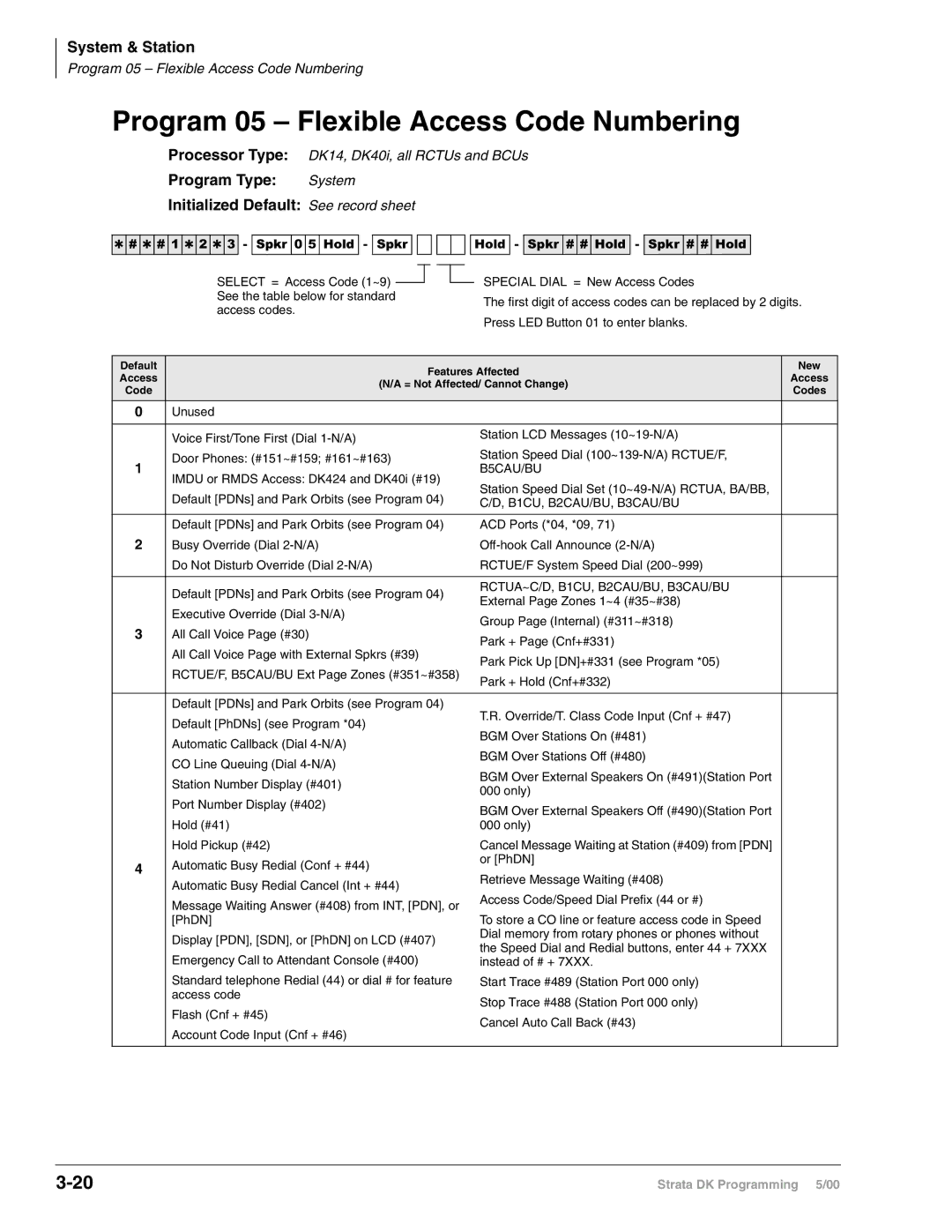 Toshiba dk14, DK424 Program 05 Flexible Access Code Numbering, Program Type System Initialized Default See record sheet 