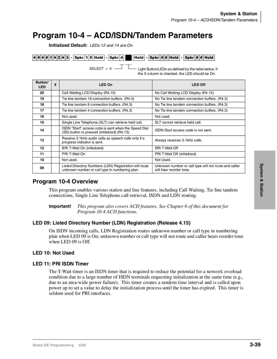 Toshiba DK424I, dk14 Program 10-4 ACD/ISDN/Tandem Parameters, Program 10-4 Overview, LED 10 Not Used LED 11 PRI Isdn Timer 