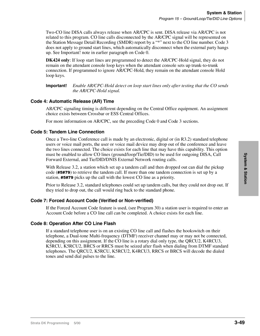 Toshiba DK424, dk14 Code 4 Automatic Release AR Time, Code 5 Tandem Line Connection, Code 8 Operation After CO Line Flash 