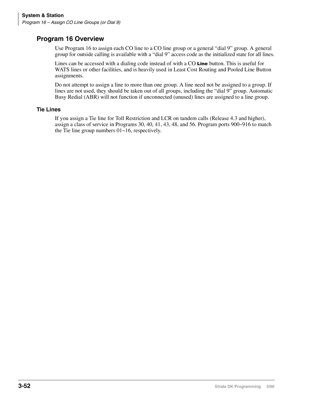 Toshiba dk14, DK40I, DK424I manual Program 16 Overview, Tie Lines 