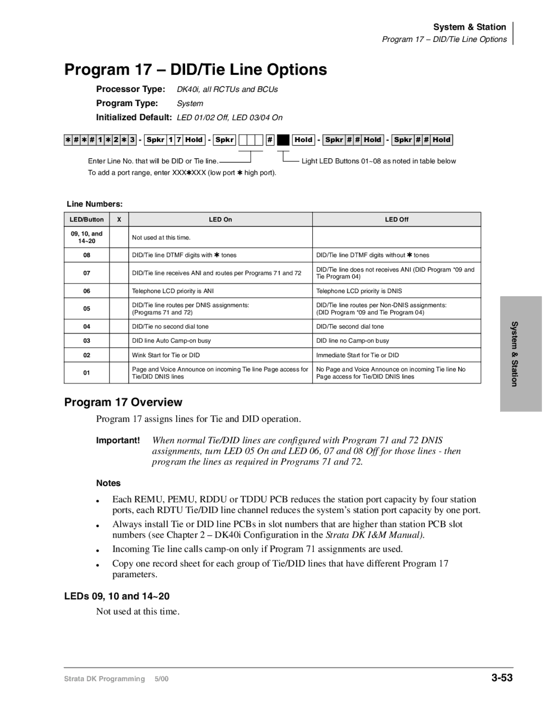 Toshiba dk14, DK40I, DK424I Program 17 DID/Tie Line Options, Program 17 Overview, LEDs 09, 10 and 14~20, Line Numbers 