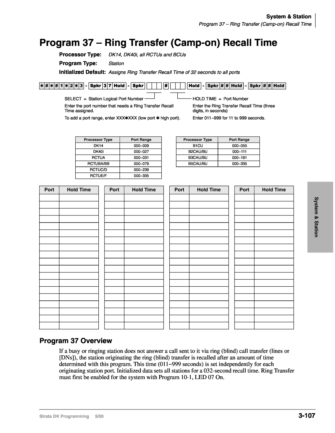 Toshiba DK424I, dk14, DK40I manual Program 37 – Ring Transfer Camp-onRecall Time, Program 37 Overview, 3-107 