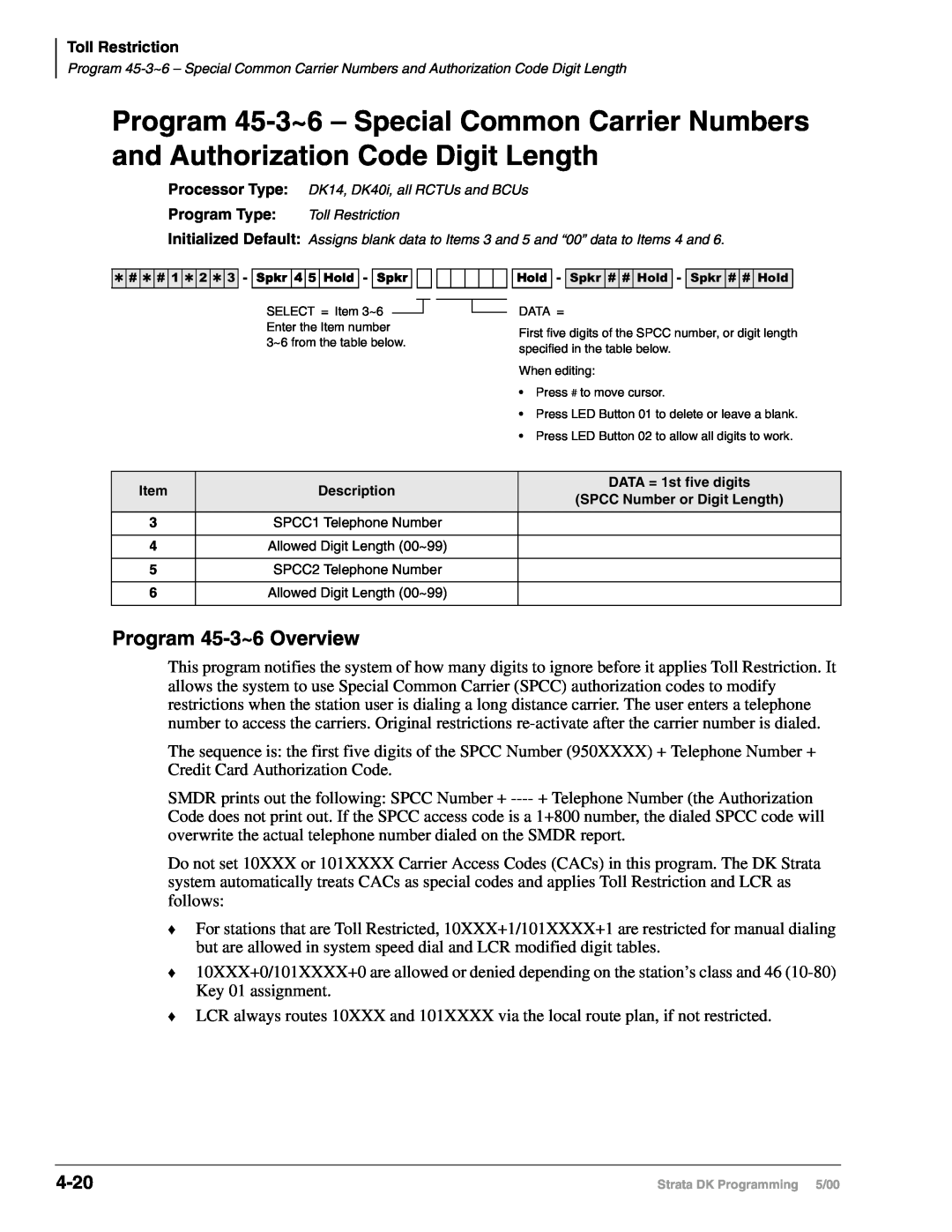 Toshiba DK40I, dk14 Program 45-3~6Overview, 4-20, Item, Description, DATA = 1st five digits, SPCC Number or Digit Length 