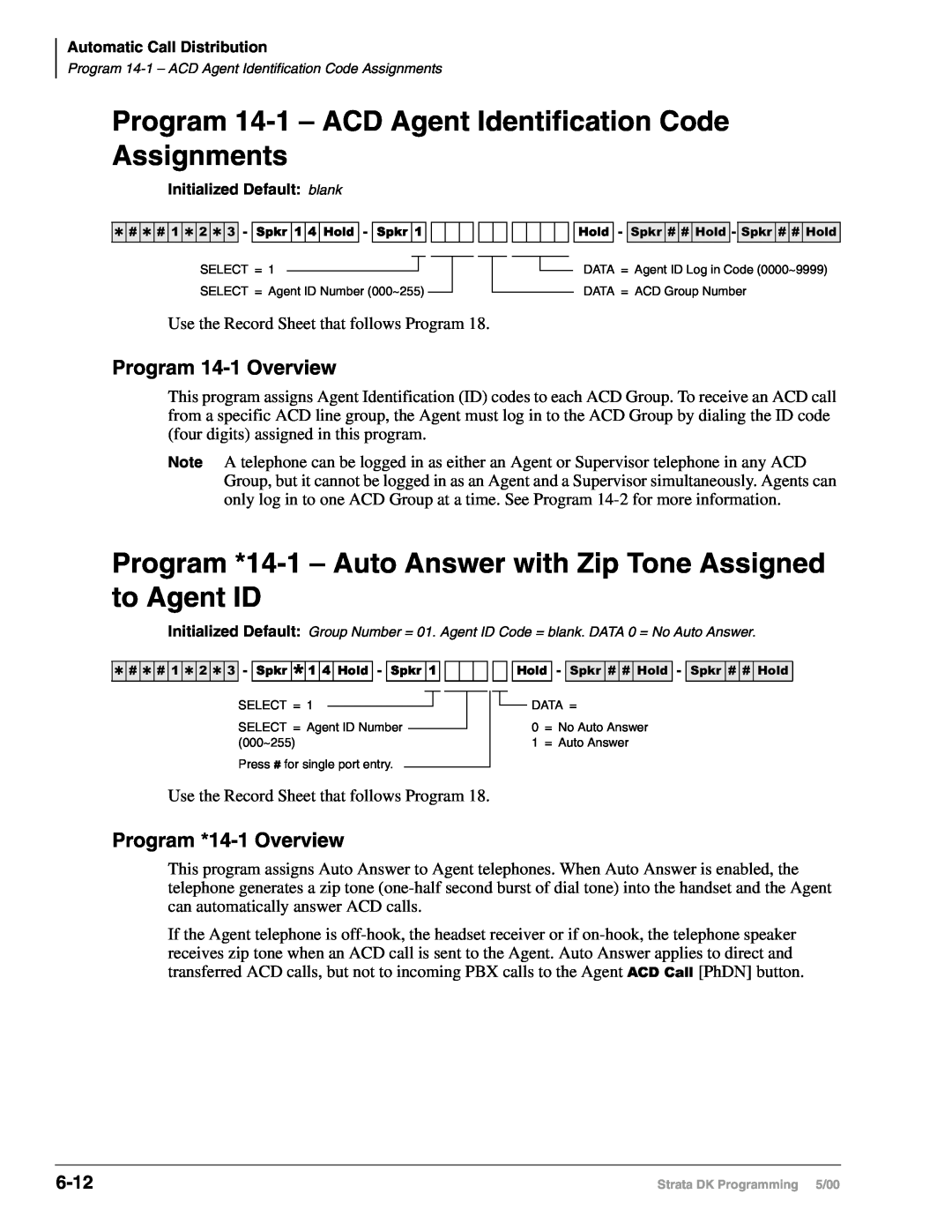 Toshiba DK40I Program 14-1– ACD Agent Identification Code, Program 14-1Overview, Program *14-1Overview, 6-12, Assignments 