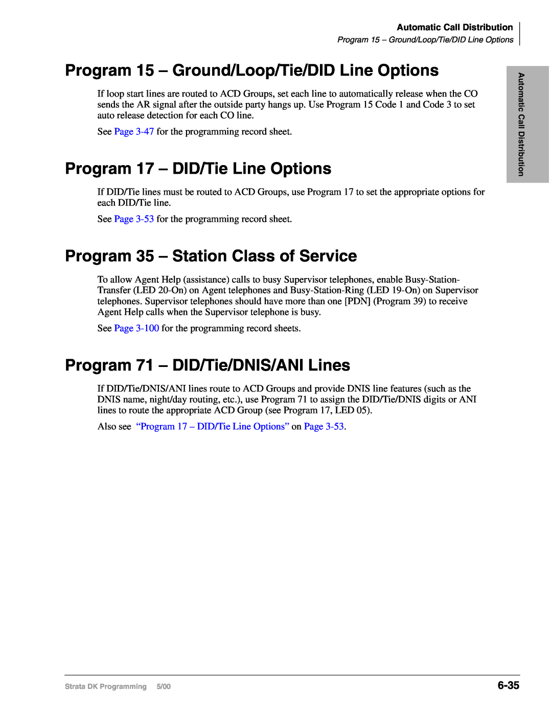 Toshiba dk14, DK40I, DK424I Program 71 – DID/Tie/DNIS/ANI Lines, 6-35, Program 15 – Ground/Loop/Tie/DID Line Options 