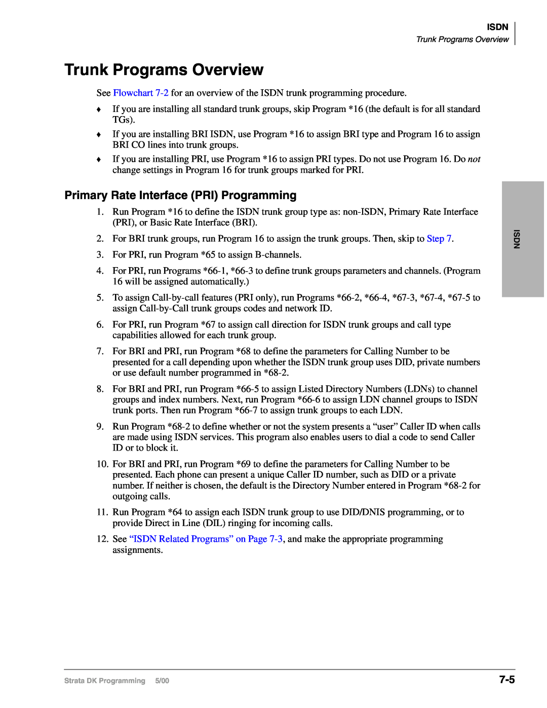 Toshiba dk14, DK40I, DK424I manual Trunk Programs Overview, Primary Rate Interface PRI Programming 