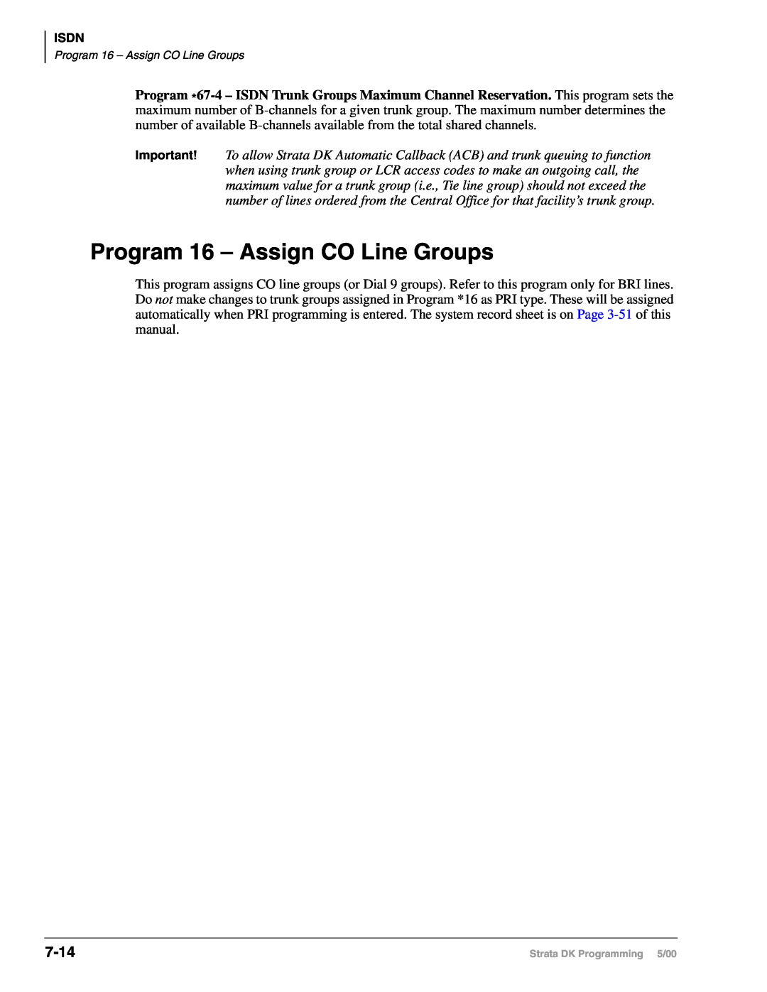 Toshiba DK40I, dk14, DK424I manual Program 16 - Assign CO Line Groups, 7-14, Program 16 – Assign CO Line Groups 
