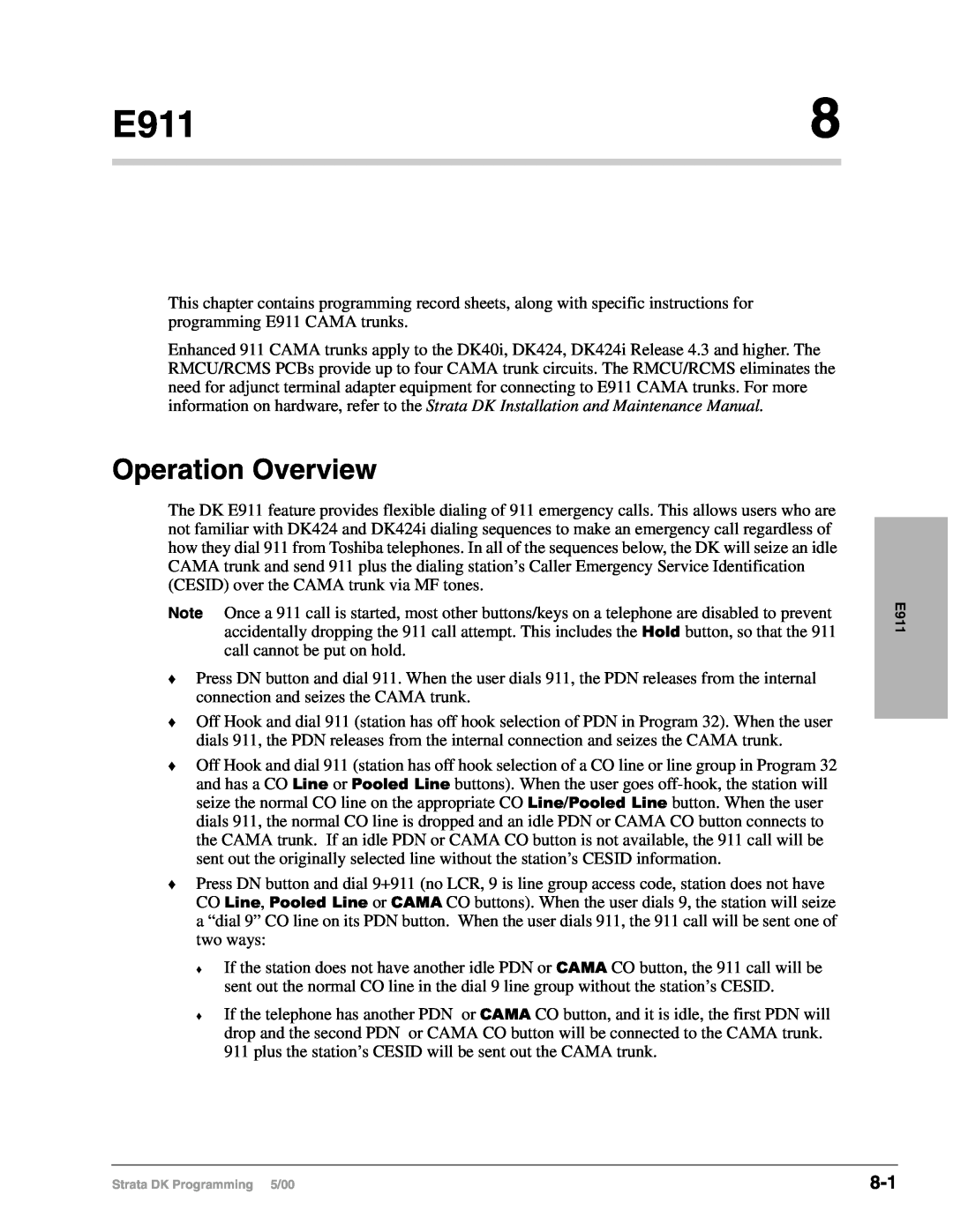 Toshiba dk14, DK40I, DK424I manual E911, Operation Overview 