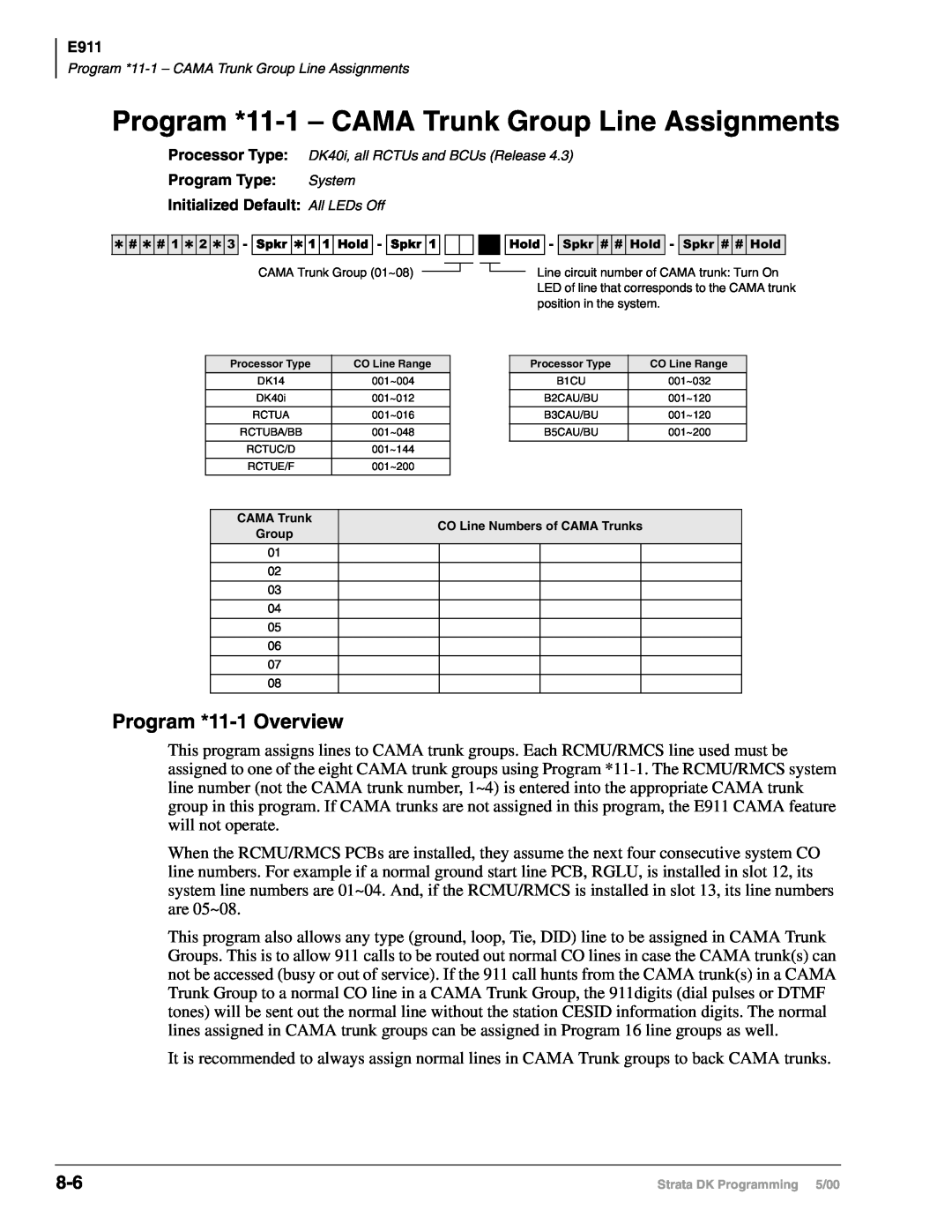 Toshiba DK40I, dk14, DK424I manual Program *11-1– CAMA Trunk Group Line Assignments, Program *11-1Overview 