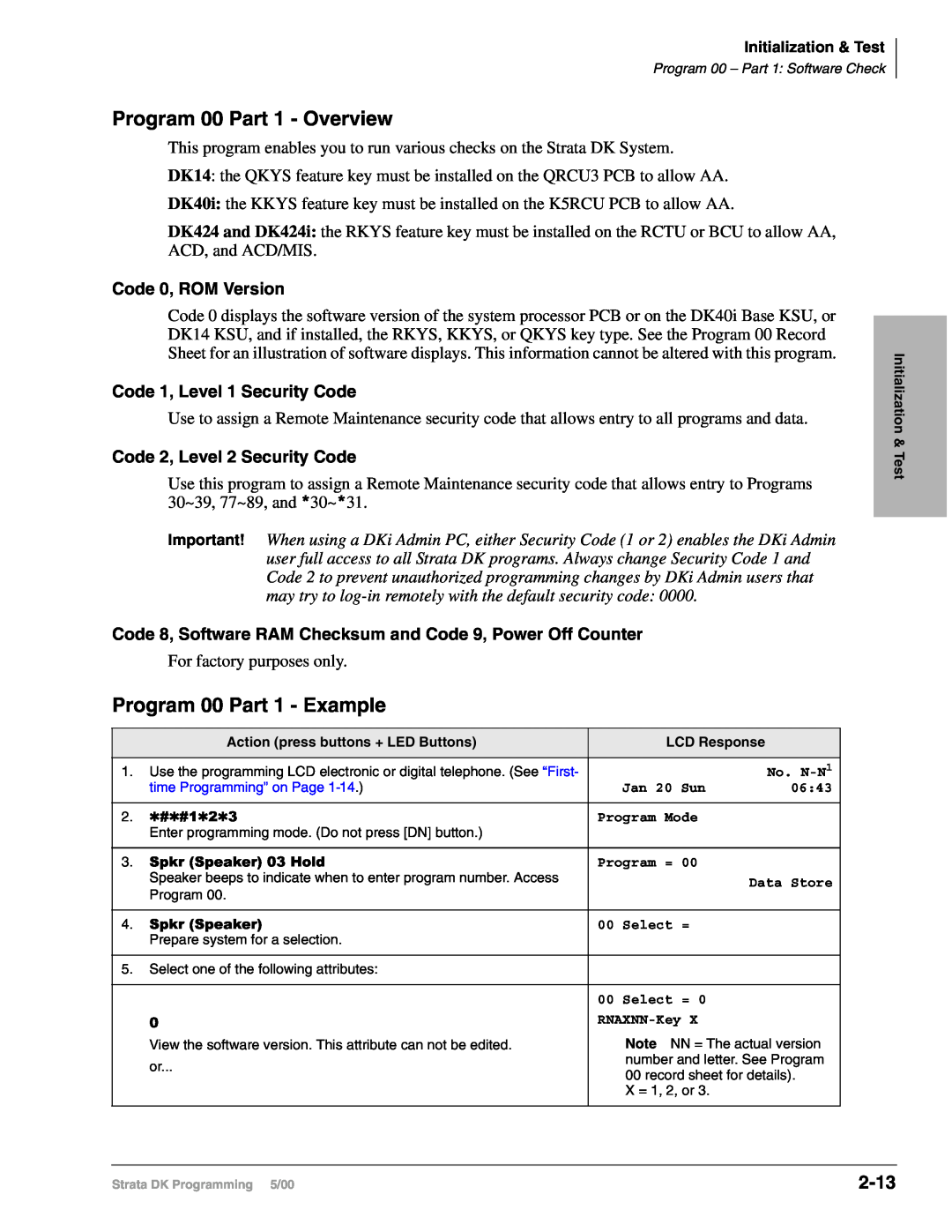 Toshiba dk14, DK40I, DK424I manual Program 00 Part 1 - Overview, Program 00 Part 1 - Example, 2-13, Code 0, ROM Version 