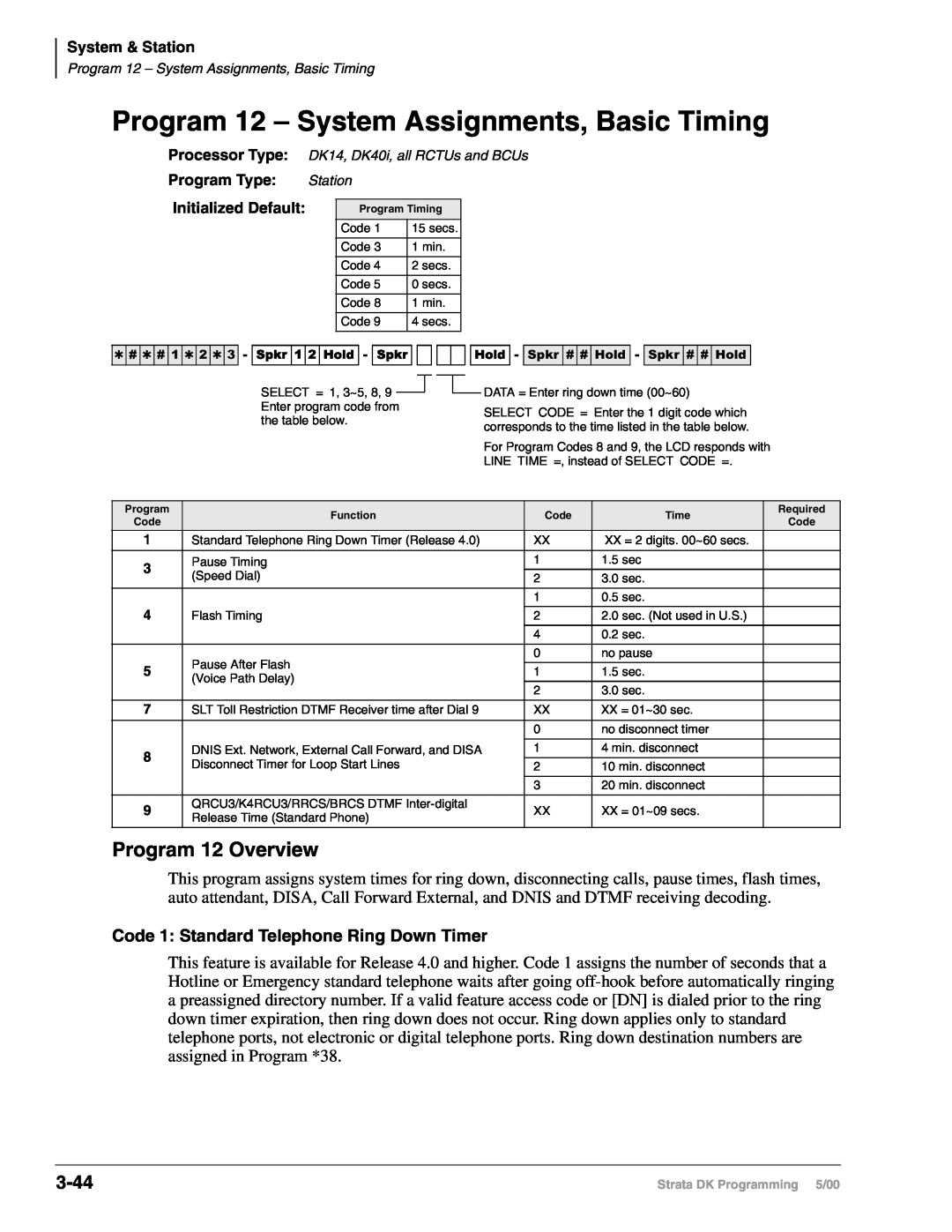 Toshiba dk14, DK40I, DK424I manual Program 12 – System Assignments, Basic Timing, Program 12 Overview, 3-44 