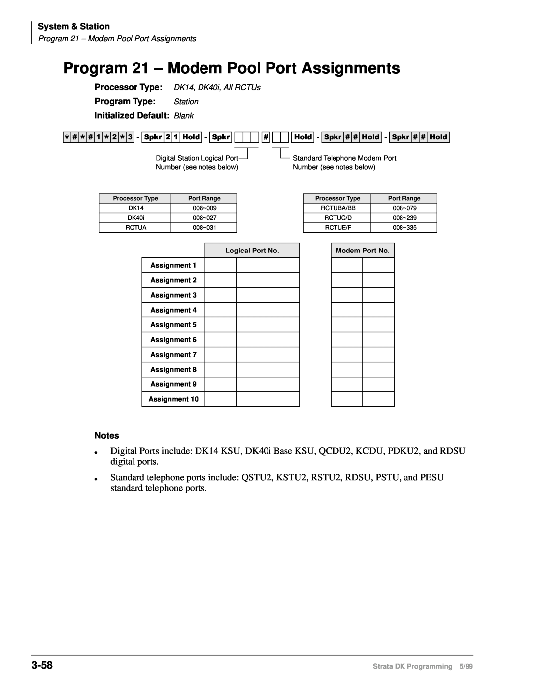 Toshiba dk14 manual Program 21 – Modem Pool Port Assignments, 3-58, System & Station, Notes 