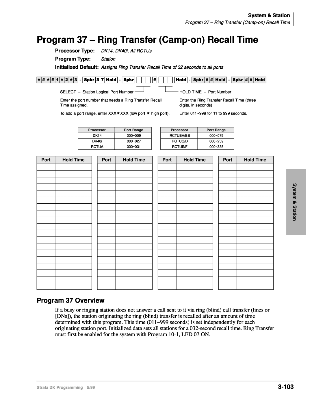 Toshiba dk14 manual Program 37 – Ring Transfer Camp-onRecall Time, Program 37 Overview, 3-103 