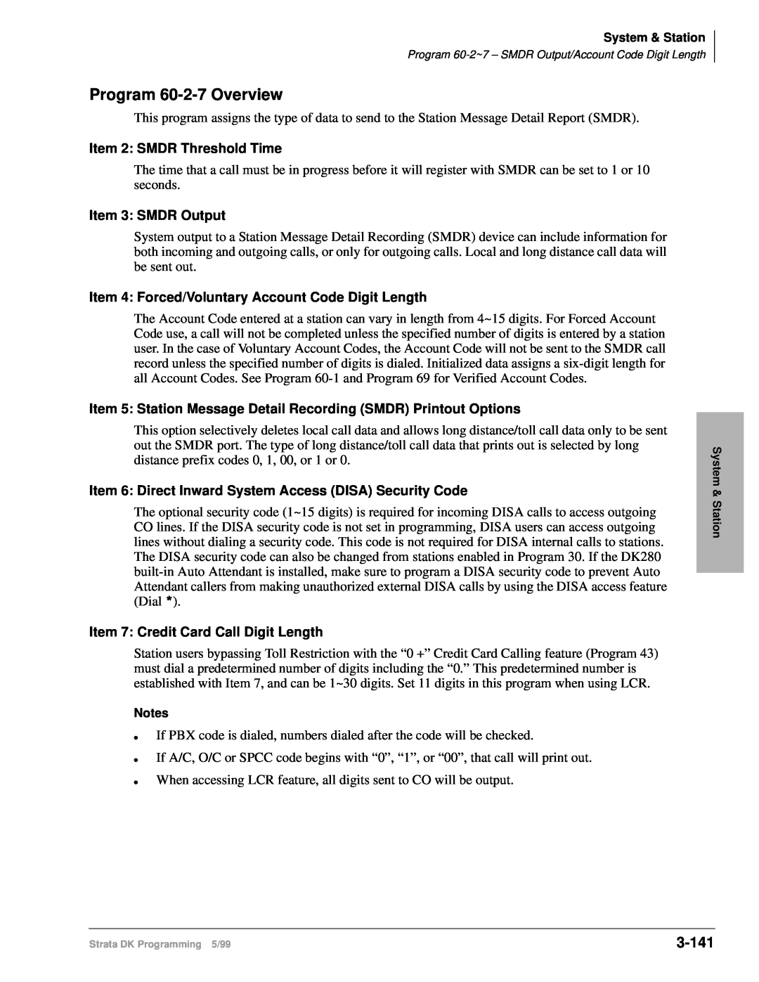Toshiba dk14 manual Program 60-2-7Overview, 3-141, Item 2: SMDR Threshold Time, Item 3 SMDR Output 
