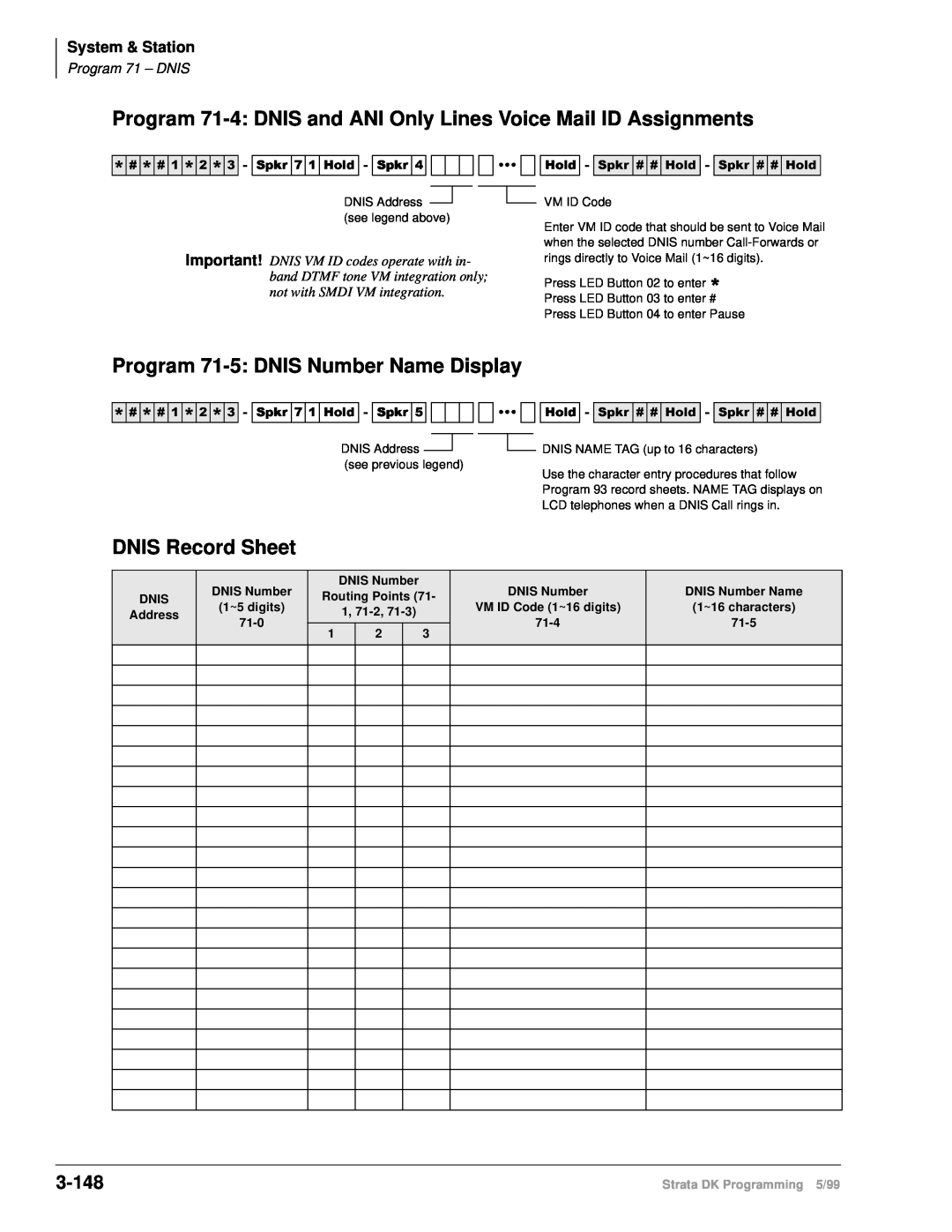 Toshiba dk14 manual Program 71-5:DNIS Number Name Display, DNIS Record Sheet, 3-148, 6SNU+ROG6SNUááá+ROG6SNU+ROG6SNU+ROG 