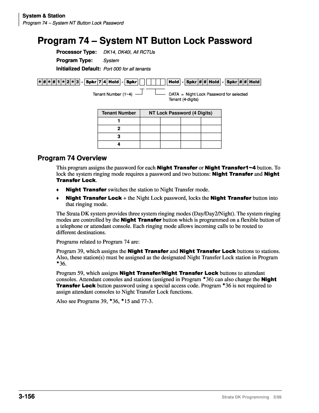 Toshiba dk14 manual Program 74 – System NT Button Lock Password, Program 74 Overview, 3-156 