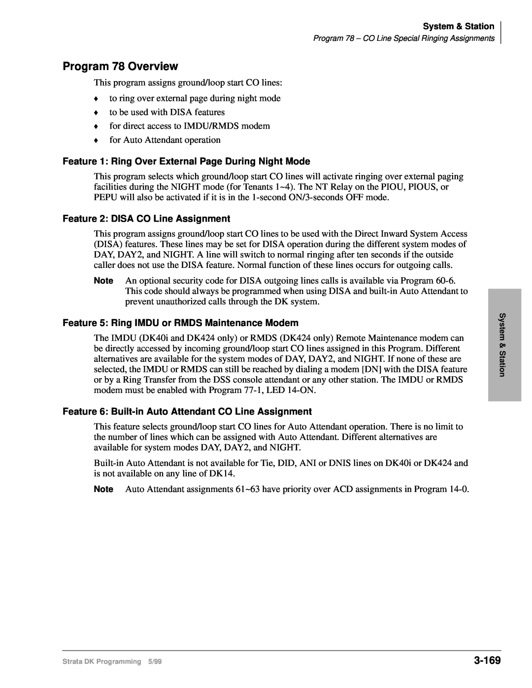 Toshiba dk14 manual Program 78 Overview, 3-169, Feature 2: DISA CO Line Assignment 