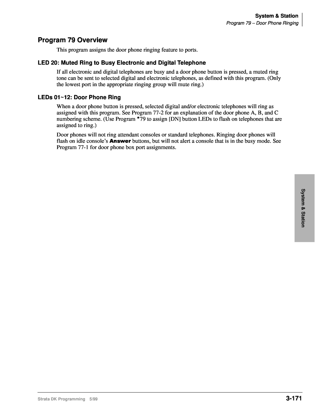 Toshiba dk14 manual Program 79 Overview, 3-171, LEDs 01~12: Door Phone Ring 