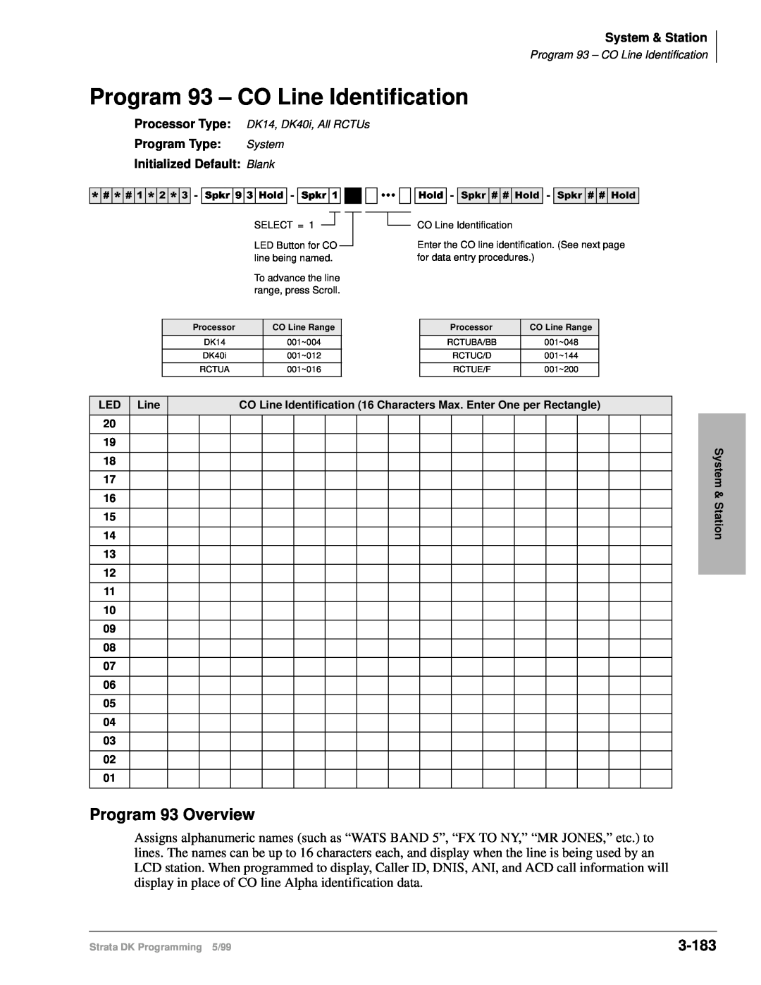 Toshiba dk14 manual Program 93 – CO Line Identification, Program 93 Overview, 3-183 