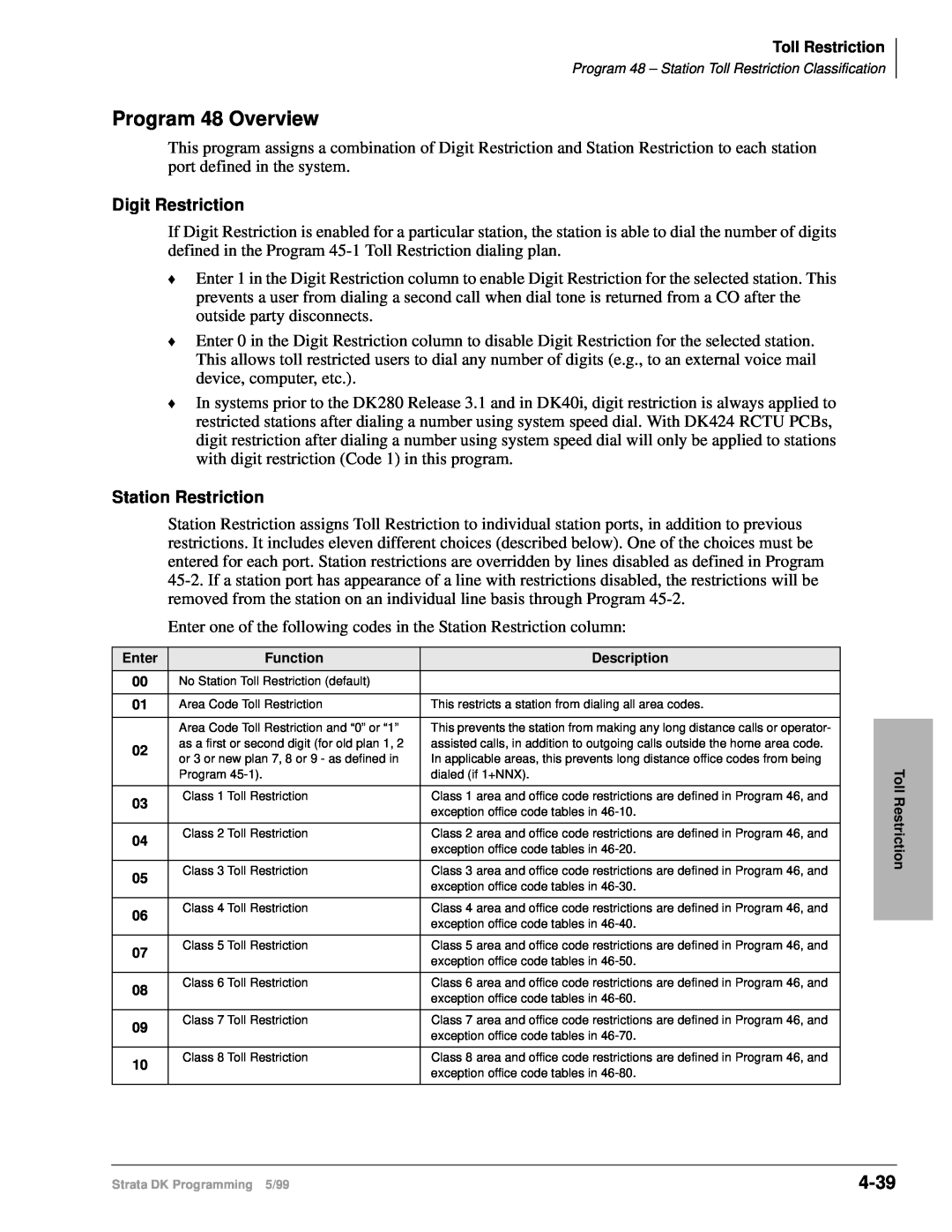 Toshiba dk14 manual Program 48 Overview, 4-39, Digit Restriction, Station Restriction 