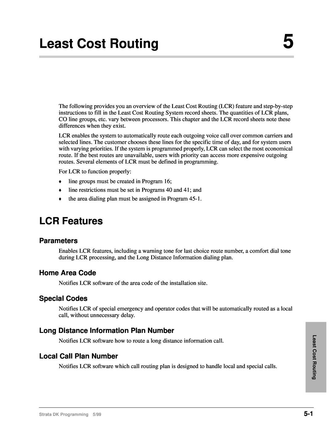 Toshiba dk14 manual Least Cost Routing, LCR Features, Parameters, Home Area Code, Special Codes, Local Call Plan Number 