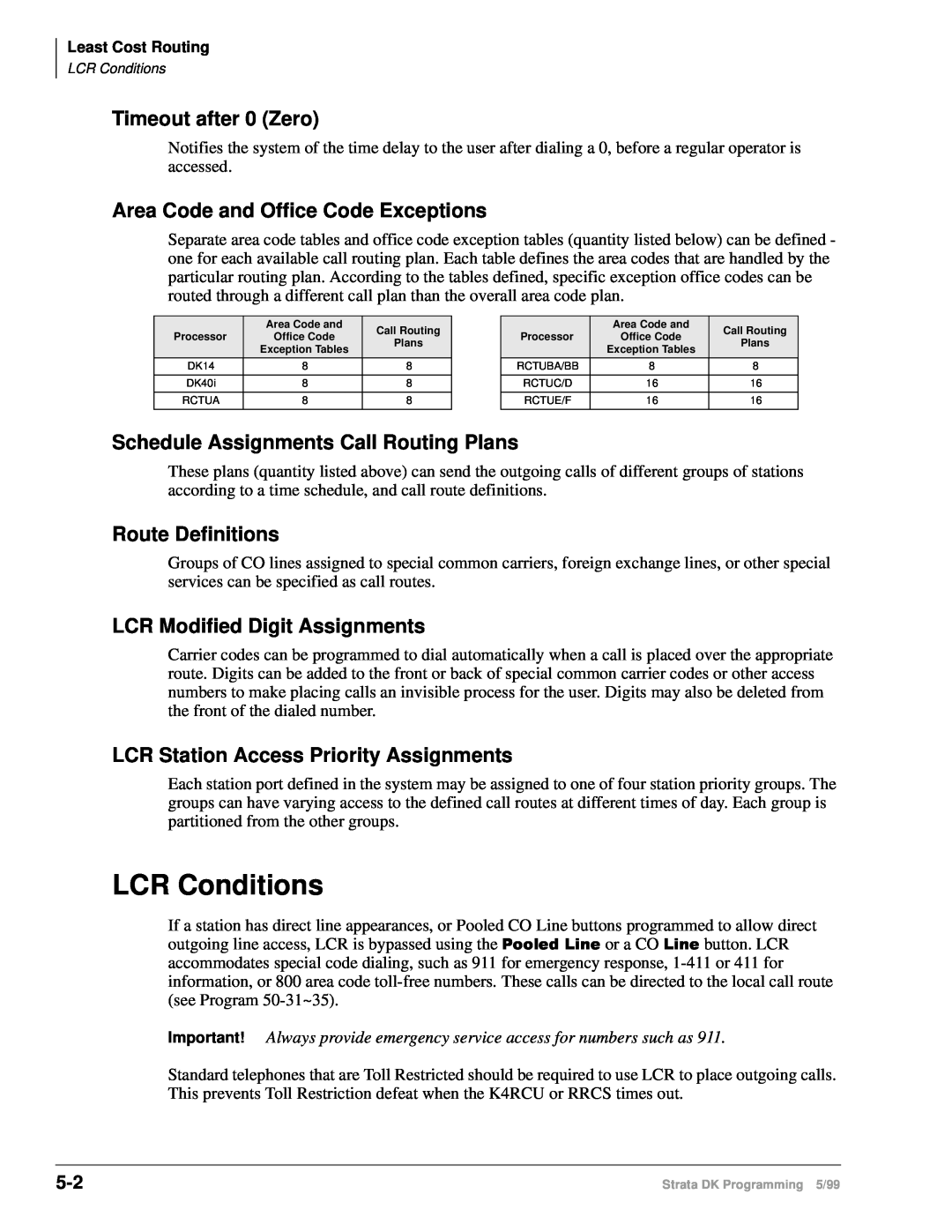 Toshiba dk14 manual LCR Conditions, Timeout after 0 Zero, Area Code and Office Code Exceptions, Route Definitions 