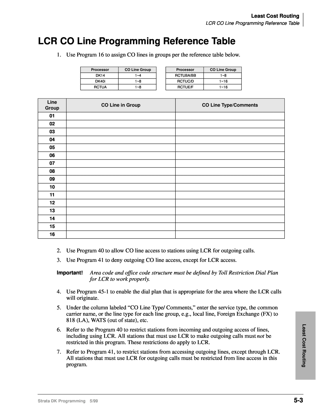 Toshiba dk14 manual LCR CO Line Programming Reference Table 