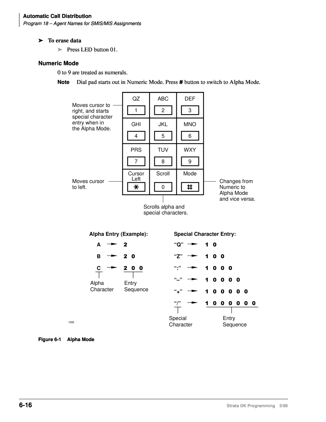 Toshiba dk14 manual 6-16, Numeric Mode, Automatic Call Distribution, Alpha Entry Example, Special Character Entry, Sequence 