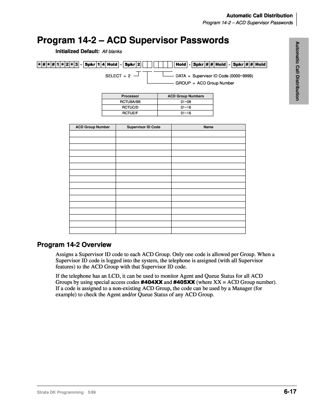 Toshiba dk14 manual Program 14-2– ACD Supervisor Passwords, Program 14-2Overview, 6-17 