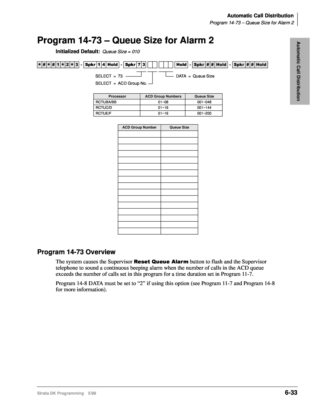Toshiba dk14 manual Program 14-73– Queue Size for Alarm, Program 14-73Overview, 6-33, 6SNU+ROG6SNU+ROG6SNU+ROG6SNU+ROG 