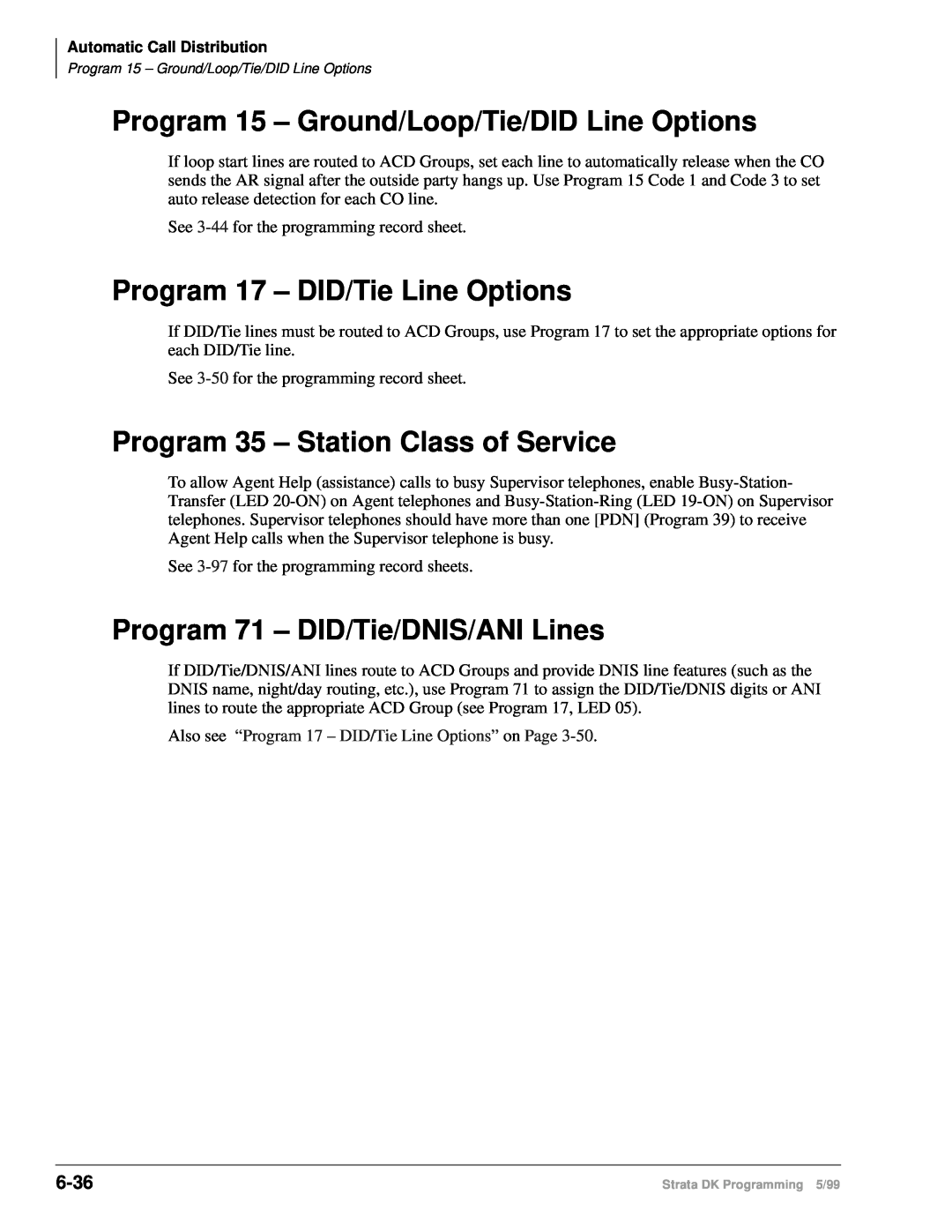 Toshiba dk14 manual Program 71 – DID/Tie/DNIS/ANI Lines, 6-36, Program 15 – Ground/Loop/Tie/DID Line Options 