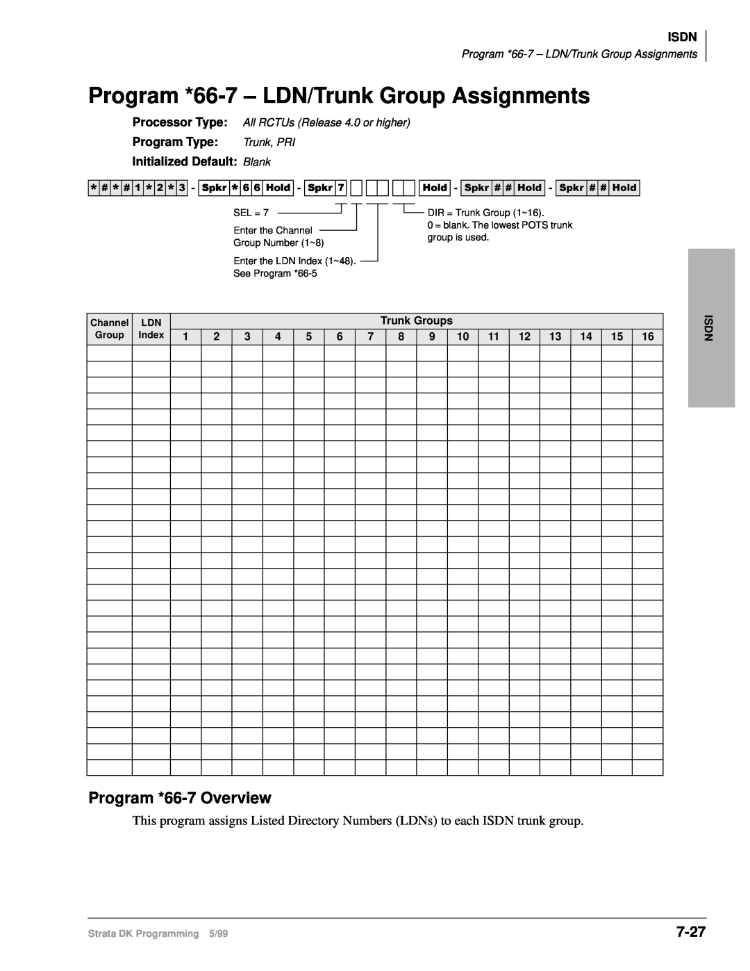 Toshiba dk14 Program *66-7– LDN/Trunk Group Assignments, Program *66-7Overview, 7-27, +ROG6SNU+ROG6SNU+ROG, 6SNU +ROG6SNU 