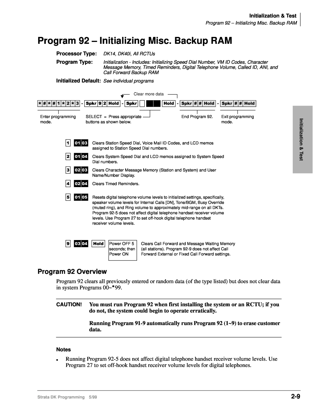 Toshiba dk14 manual Program 92 – Initializing Misc. Backup RAM, Program 92 Overview, Initialization & Test, Notes 