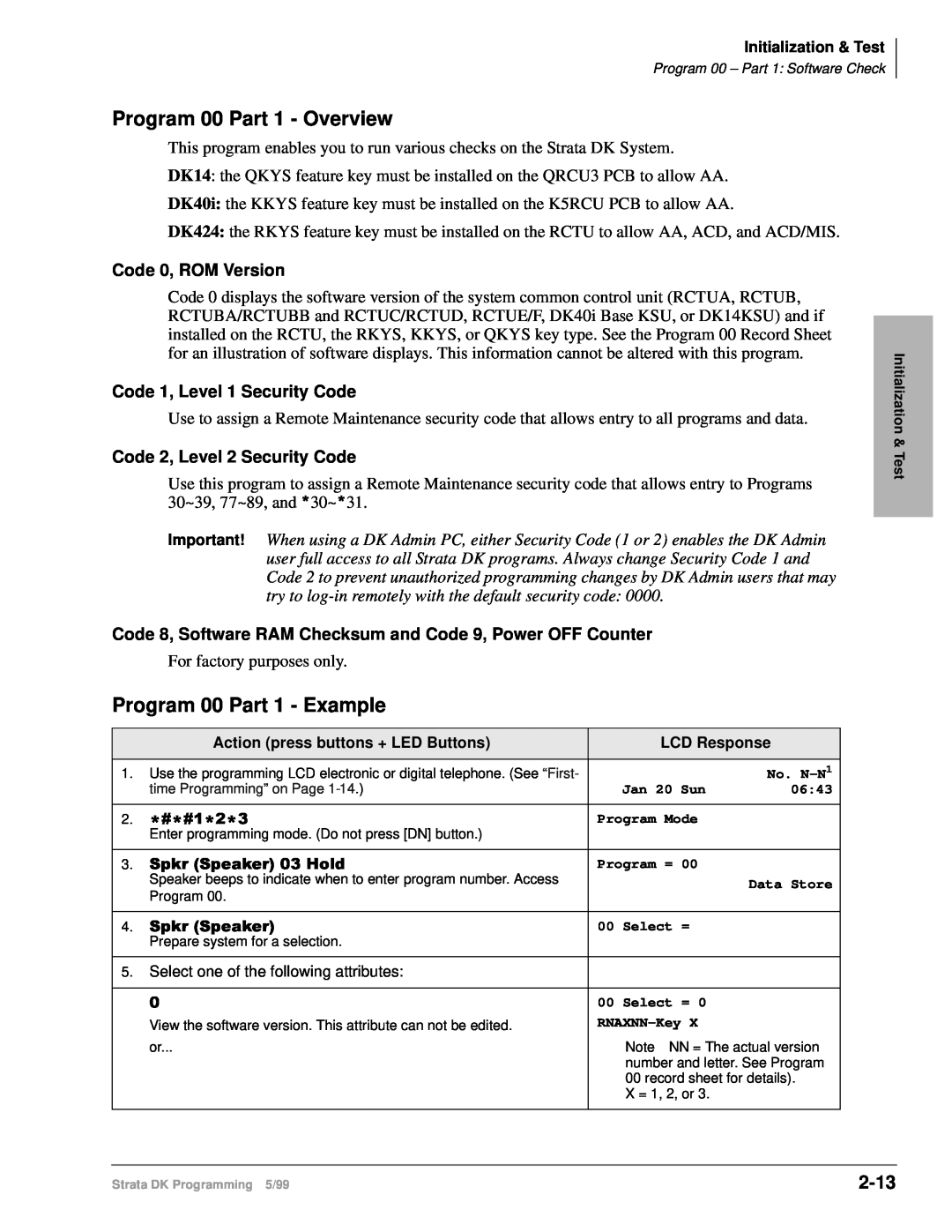 Toshiba dk14 manual Program 00 Part 1 - Overview, Program 00 Part 1 - Example, 2-13, Code 0, ROM Version 