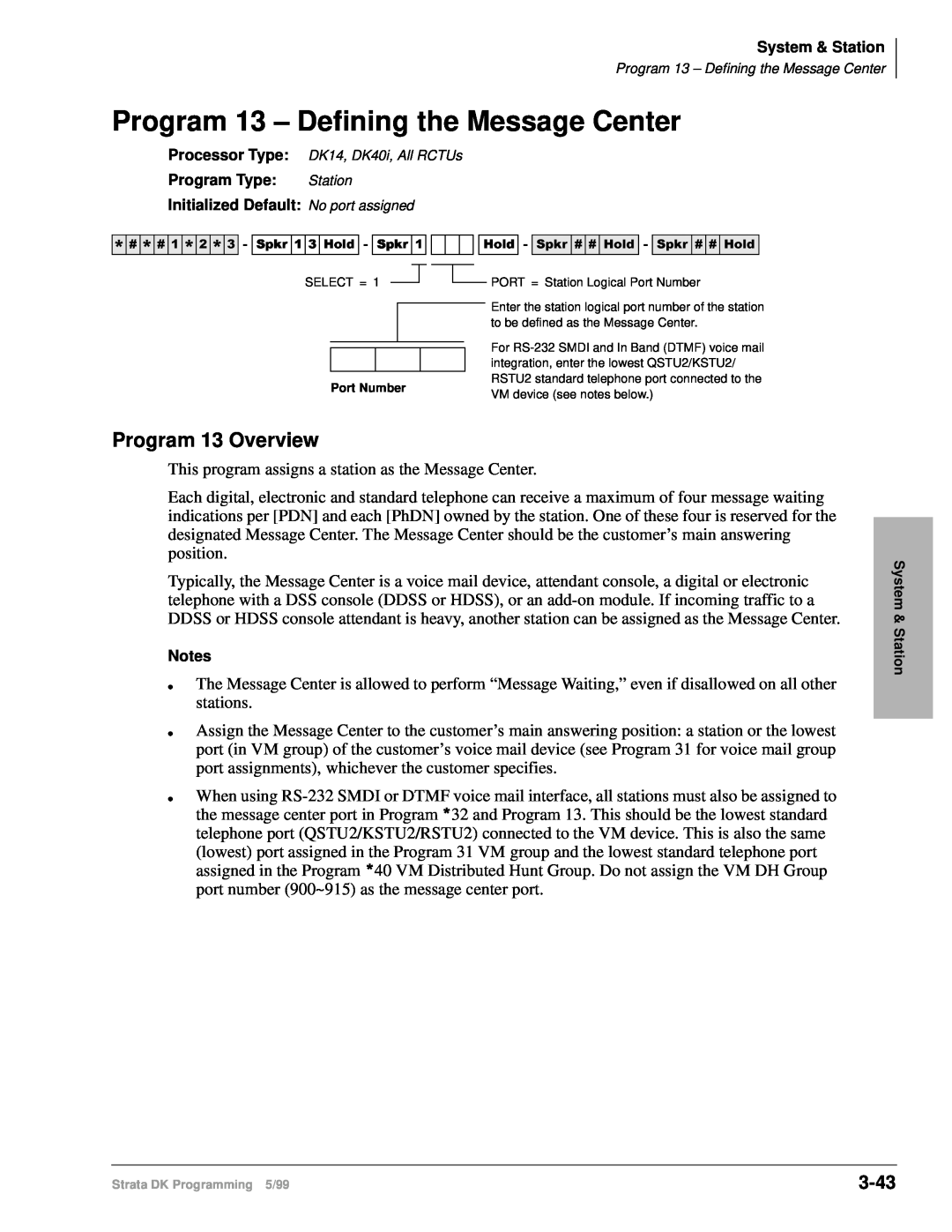 Toshiba dk14 manual Program 13 – Defining the Message Center, 6SNU+ROG6SNU+ROG, Program 13 Overview, 3-43 