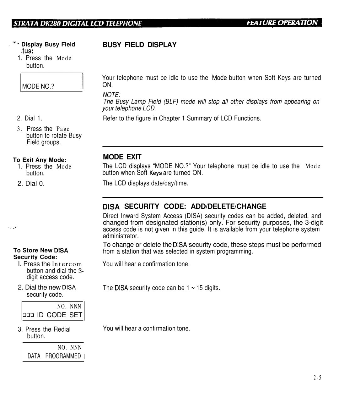 Toshiba DK280 manual Busy Field Display, Mode Exit, Disa Security Code ADD/DELETE/CHANGE 