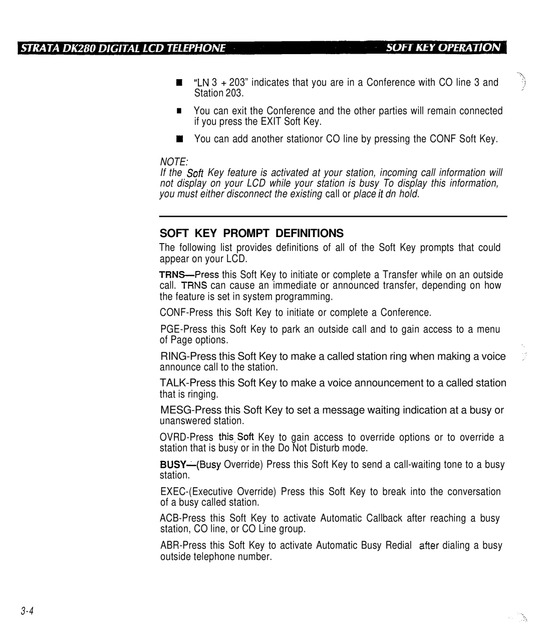 Toshiba DK280 manual Soft KEY Prompt Definitions 