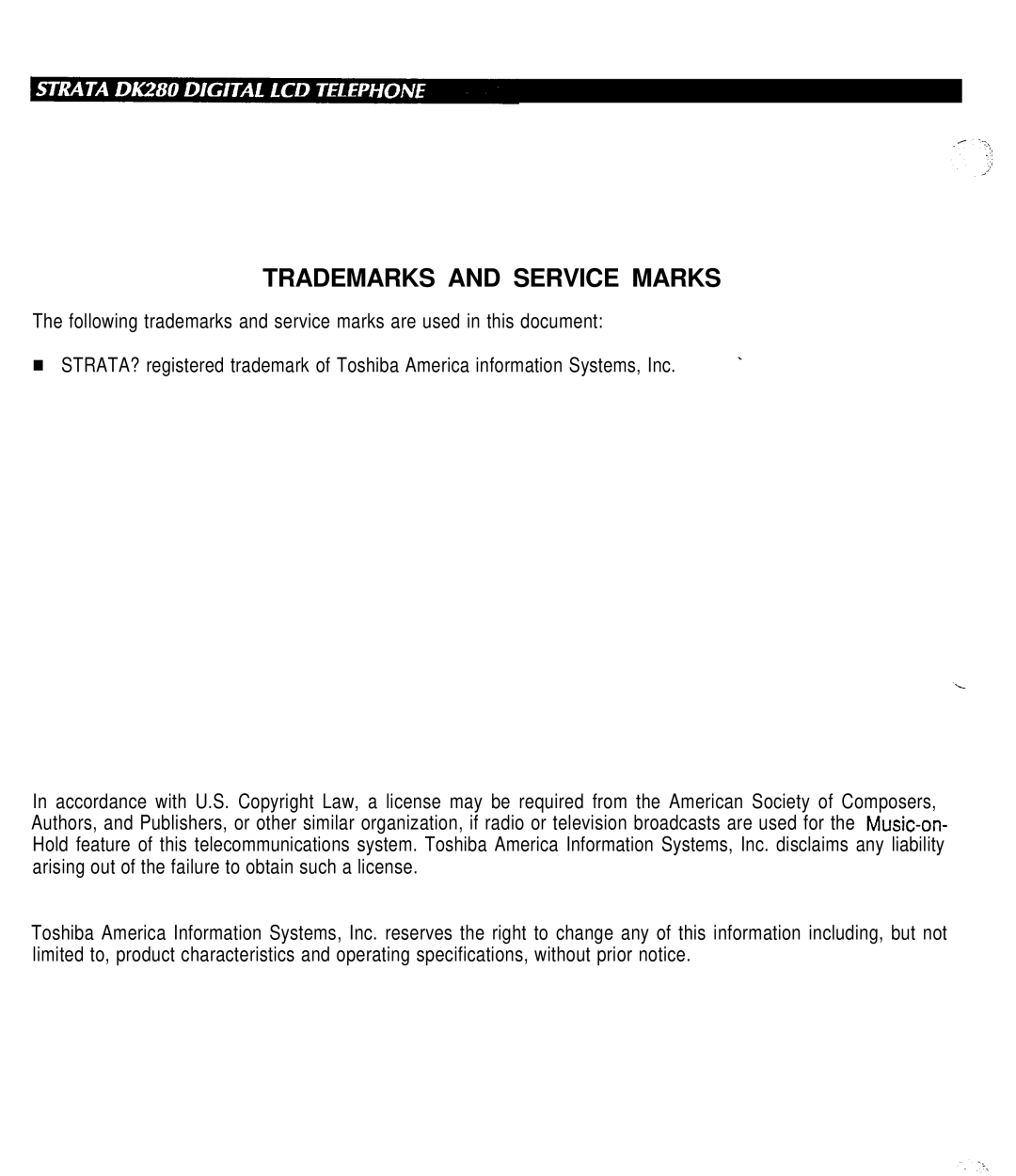 Toshiba DK280 manual Trademarks and Service Marks 